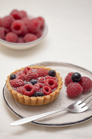 mini cake decorated with fresh summer berries with powder sugar, freshly baked homemade pastryの写真素材
