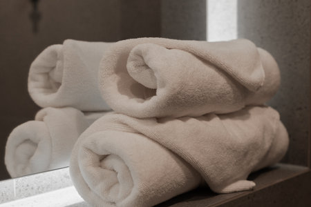white terry towels in the bathroom at the hotel, fresh white towelsの写真素材