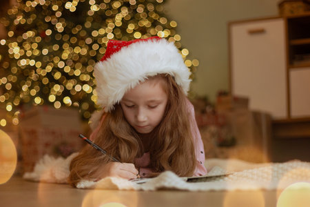 a cute little girl child in Santa Claus hat writes a letter to Santa and waits for the new year and Christmasの写真素材