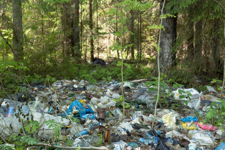 Huge pile of plastic garbage in the forest meadow, The concept of pollution of forests and nature. A...