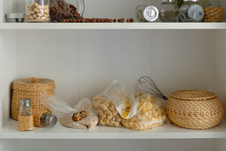 Storage of cereals in the kitchen cabinet. Cereal, pasta, food in sack bags, Concept of tidying and...