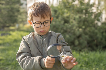 portrait of a boy looking at a flower through a magnifying glass against the backdrop of a city parkの写真素材