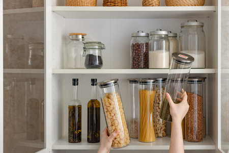 A housewife takes a glass jar of pasta from a shelf in a cupboard, organizing zero-waste storage in...