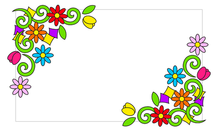 Frame with colorful flowers in the corners and a white backgroundのイラスト素材