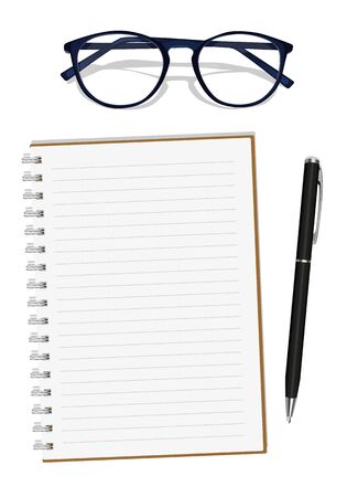 Notebook glasses pen on a white backgroundのイラスト素材