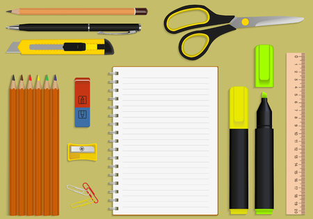 set of office supplies and stationery notebook