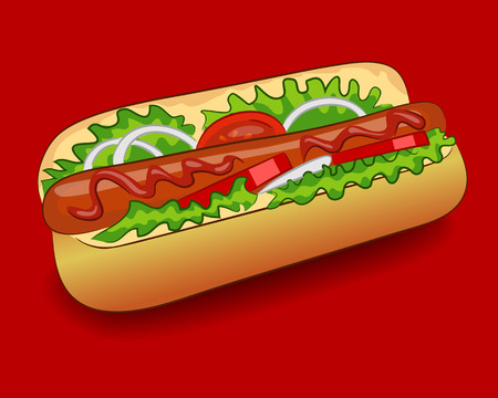 Vector Hot Dog with ketchup on a red backgroundのイラスト素材