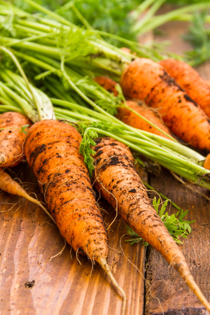Fresh farmer carrots on a wooden background.の写真素材