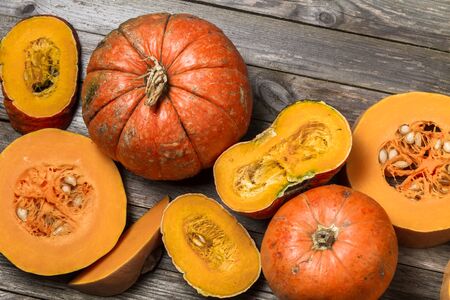 Closeup of freshly harvested pumpkins. Organic pumpkins.の写真素材