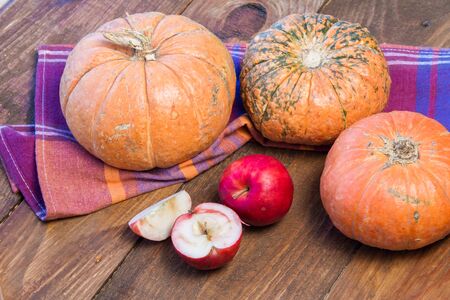 Closeup of freshly harvested fruits and vegetables. Organic pumpkins and red apples.の写真素材