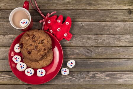 Cup of hot cocoa, Christmas marshmallow snowmen and home made cookies on a gray wooden background.の写真素材