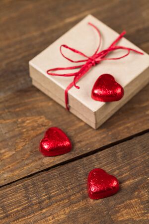Gift for Valentine's Day and red hearts.の写真素材