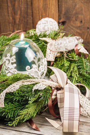 An ornament wreath used as a centerpiece.の写真素材