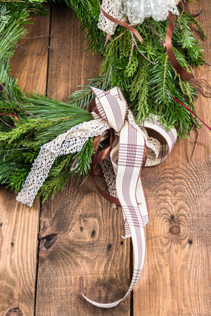 Christmas wreath on an old wooden door.の写真素材