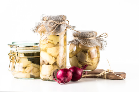 Homemade canned mushrooms on a white background.の写真素材