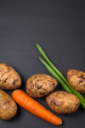 Fresh organic potatoes, carrots and green spring onions on a black background.の写真素材