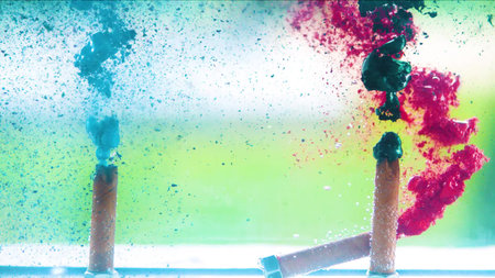 We blow up green and red smoke bombs in an aquarium with water