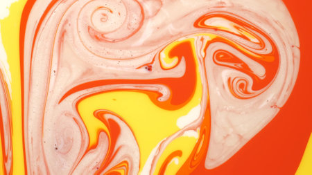 Yellow blue orange. The colors were immersed in liquid and photographed in motion. abstract composition.の写真素材
