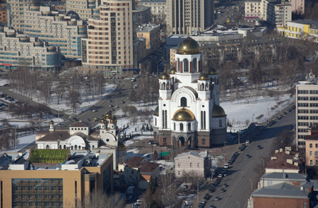 Yekaterinburg, Russia. Cathedral Temple-on-Blood from the observation deck of a skyscraper, "Vysotsky".の写真素材