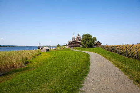 Shore of Lake Onega with main attractions. Kizhi Island. Republic of Karelia. Russia