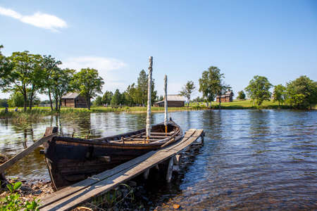 Traditional Karelian boat on the shore of Lake Onega. Kizhi Island. Republic of Karelia. Russiaの写真素材