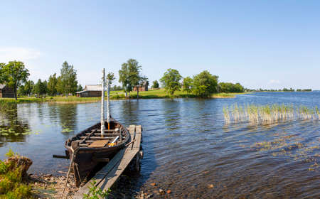 Traditional Karelian boat on the shore of Lake Onega. Kizhi Island. Republic of Karelia. Russiaの写真素材