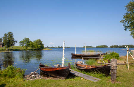 Traditional Karelian boat on the shore of Lake Onega. Kizhi Island. Republic of Karelia. Russiaの写真素材