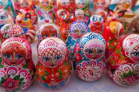 Matryoshka, national russian doll on wooden tableの写真素材