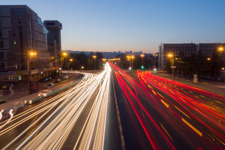 the citys skyline. car traffic at night