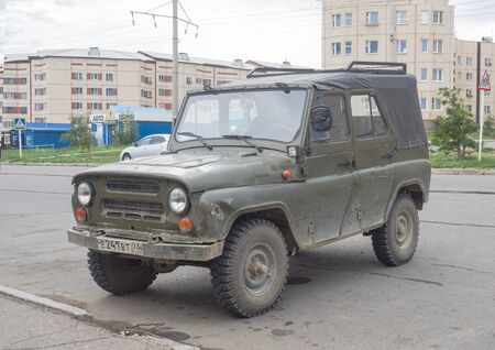 SEVEROBAIKALSK, RUSSIA - July 17 2017 : Soviet UAZ SUV on a city streetのeditorial素材
