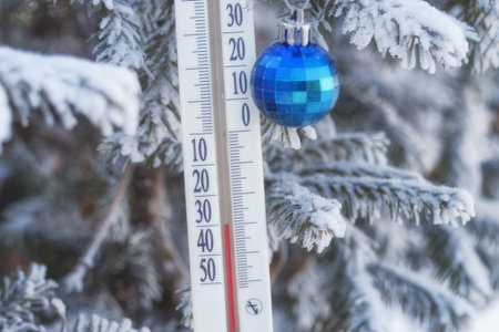 the thermometer in the forest on a cold winter dayの写真素材