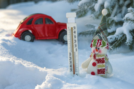 thermometer, snowman and the car in the snow on a cold day