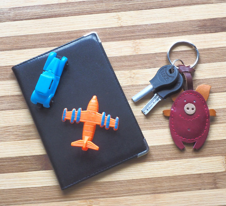 passport, keys on the table close-upの写真素材