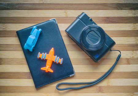 passport, camera on the table close up