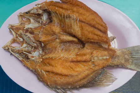 fried fish on a plate top viewの写真素材