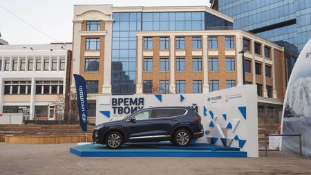 Krasnoyarsk, Russia-March 06 2019: Hyundai car on the World square during the Universiadeのeditorial素材