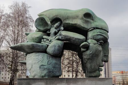 Krasnoyarsk, Russia-March 16, 2019: original stone sculpture in Siberian University Parkのeditorial素材