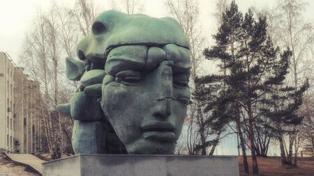 Krasnoyarsk, Russia-March 16, 2019: original stone sculpture in Siberian University Parkのeditorial素材