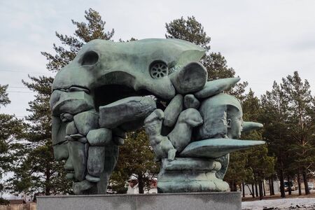 Krasnoyarsk, Russia-March 16, 2019: original stone sculpture in Siberian University Parkのeditorial素材