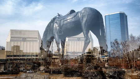 city landscape, Park, horse sculpture, buildingsの写真素材