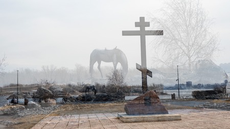 city landscape, Park, horse sculpture, buildingsの写真素材