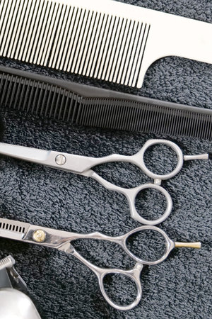 scissors, comb on the Barbers Desk.