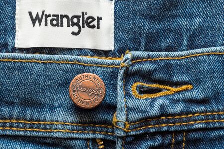 Krasnoyarsk, Russia-July 30 2019 : Jeans Wrangler labels closeup , product shotのeditorial素材
