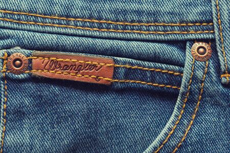 Krasnoyarsk, Russia-July 30 2019 : Jeans Wrangler labels closeup , product shotのeditorial素材