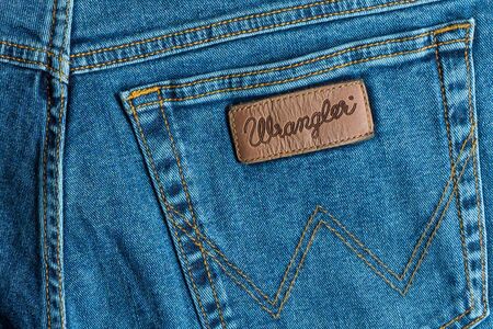 Krasnoyarsk, Russia-July 27 2019 : Jeans Wrangler labels closeup , product shotのeditorial素材