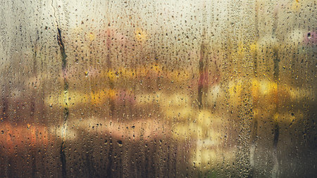 autumn landscape in blur, wet glass after rain.
