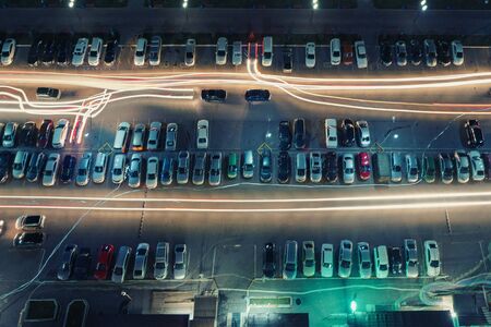 Top view of cars in parking in night.の写真素材