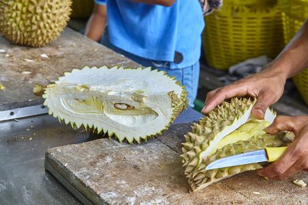 man cleans the market of exotic fruit durian in Thailandの写真素材