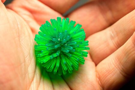 Man holding green virus in hand. Stop coronavirus. A rubber ball with needles was used as a virus. Coronavirus control vaccine search concept.の写真素材