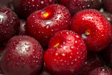 Fresh beautiful red ripe cherry berries with drops of water. Wet cherries without stalks, branches and leaves. Cherry after washing. Selective focus. Rich juicy color. Natural antioxidant fruits.の写真素材